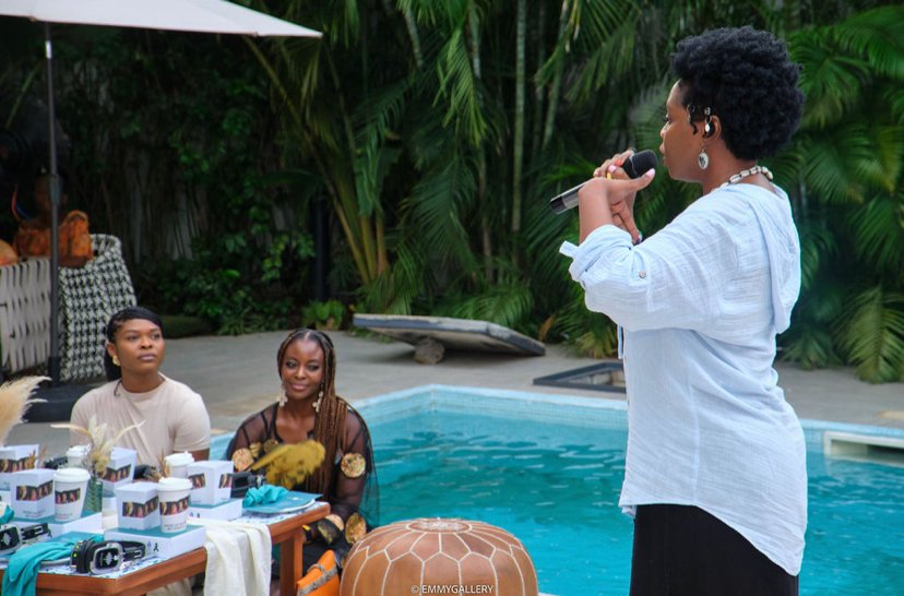Faith, Founder Stories Wellness leading the guests in a meditation session at “Where The Heck Is My Period?” documentary screening/watch party on Thursday, 14th March 2024 at Tiffany Ambers Garden, Lagos.